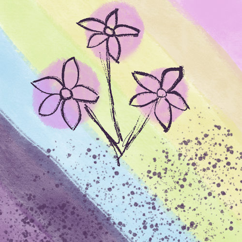 digital art of flowers on a rainbow pastel coloured background