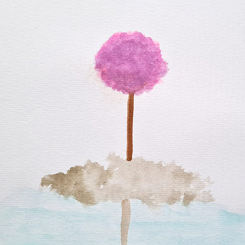 watercolour painting of a pink tree reflecting in water