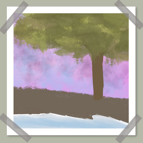 digital art of of a tree by a lake, like a poster on a wall