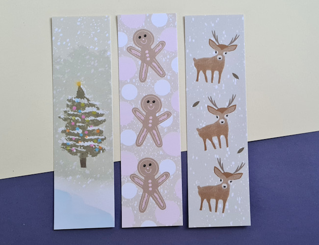 set of 3 Christmas themed bookmarks, tree, reindeer and gingerbread folk