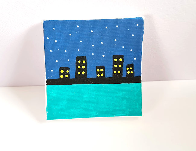 city by water design created with acyrlic marker pens on a mini canvas